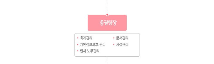 총괄팀장은 회계관리, 개인정보보호 관리, 인사노무관리, 문서관리, 시설관리의 업무를 합니다.